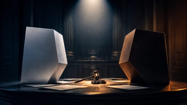 Conceptual illustration of the Apple sues OpenAI trade secret lawsuit, showing two opposing tech companies in a courtroom-style legal dispute