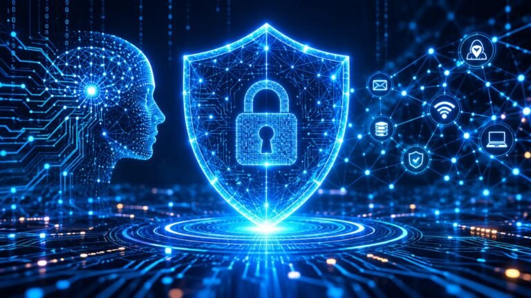 AI security concept showing a digital shield protecting a connected network, representing cybersecurity in artificial intelligence systems