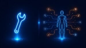 Illustration contrasting a simple AI tool with an autonomous AI agent, representing the difference between the two in business use