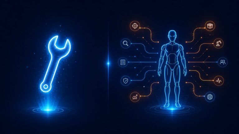 Illustration contrasting a simple AI tool with an autonomous AI agent, representing the difference between the two in business use