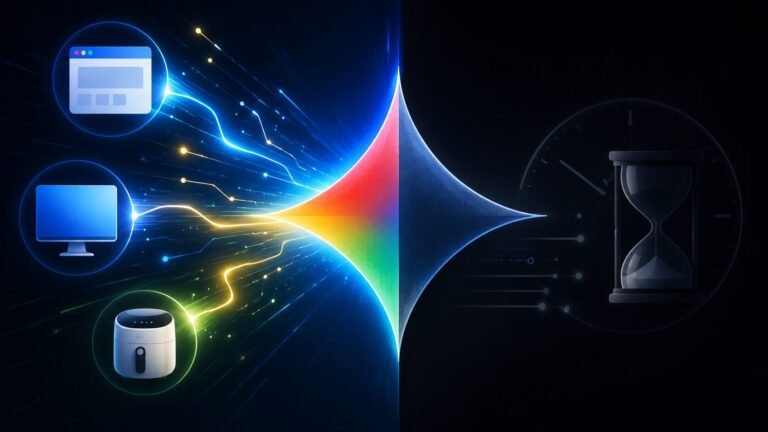 Illustration representing Google Gemini's mixed month — rapid expansion across devices alongside a delayed flagship AI model