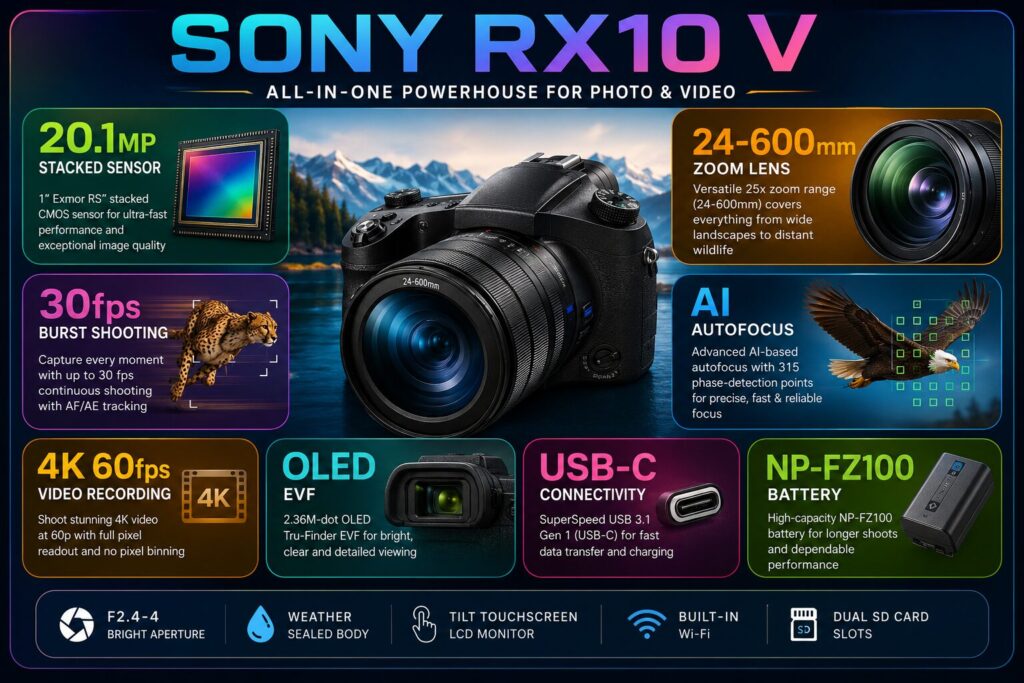 Sony RX10 V specifications infographic
