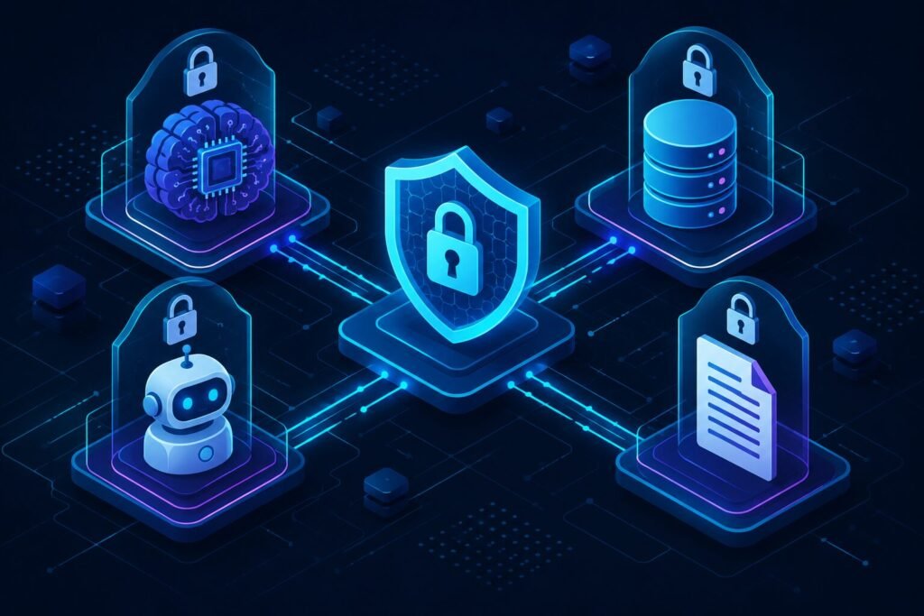Illustration of AI models, training data, and automated agents each protected by digital security layers