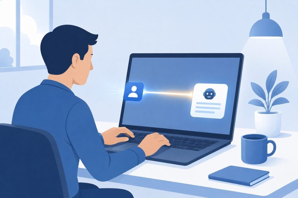 Illustration of a person giving a single instruction to an AI tool and reviewing its response