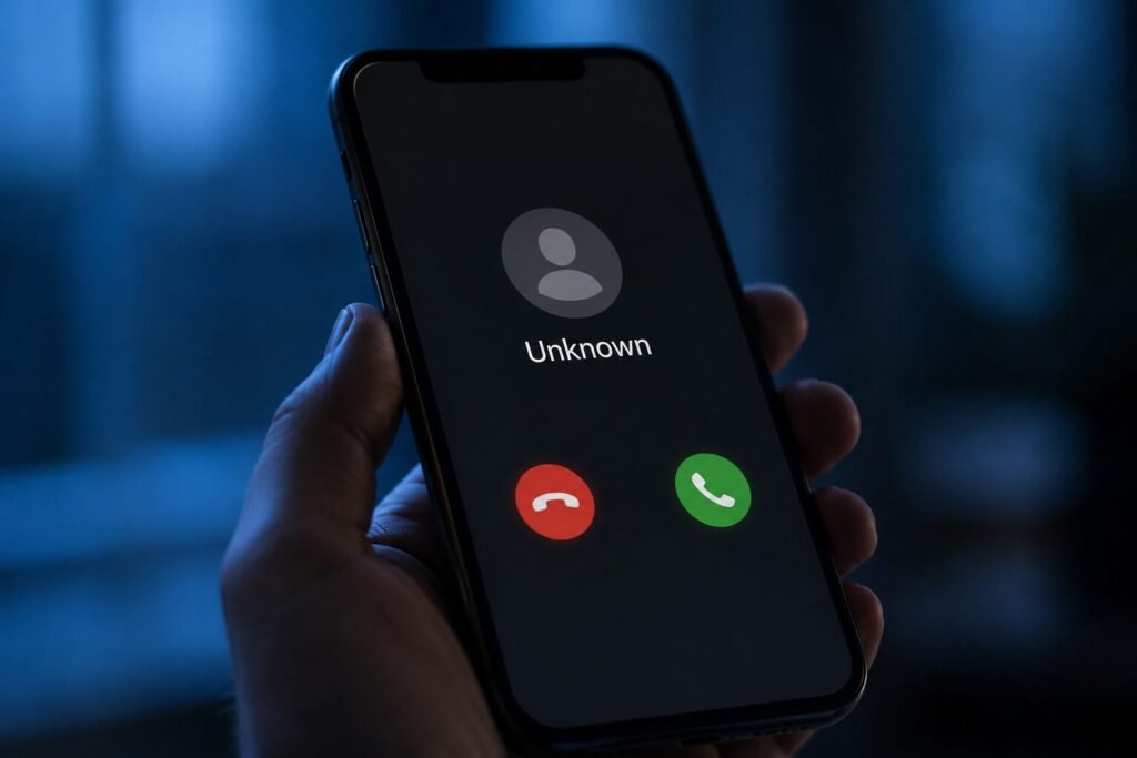 Smartphone showing an unknown incoming call, a common sign of AI voice cloning scams