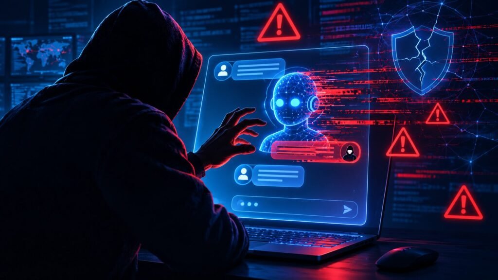 Conceptual illustration of a cyberattacker manipulating an AI chatbot through prompt injection