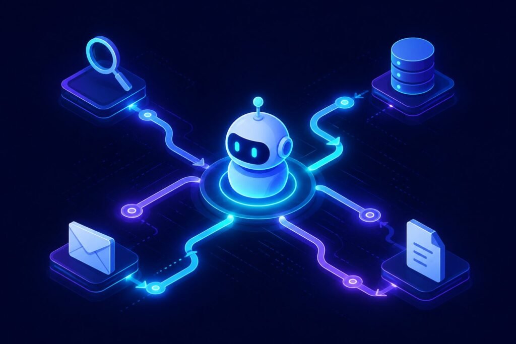Illustration of an AI agent autonomously completing multiple connected tasks without human input at each step