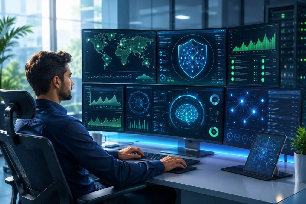 Security analyst using an AI-powered dashboard to detect and prioritize cybersecurity threats