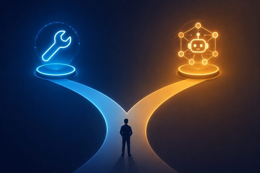 Illustration of a business decision point choosing between adopting an AI tool or an AI agent