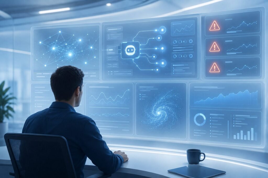 Illustration of a person monitoring autonomous AI agent behavior through a safety dashboard