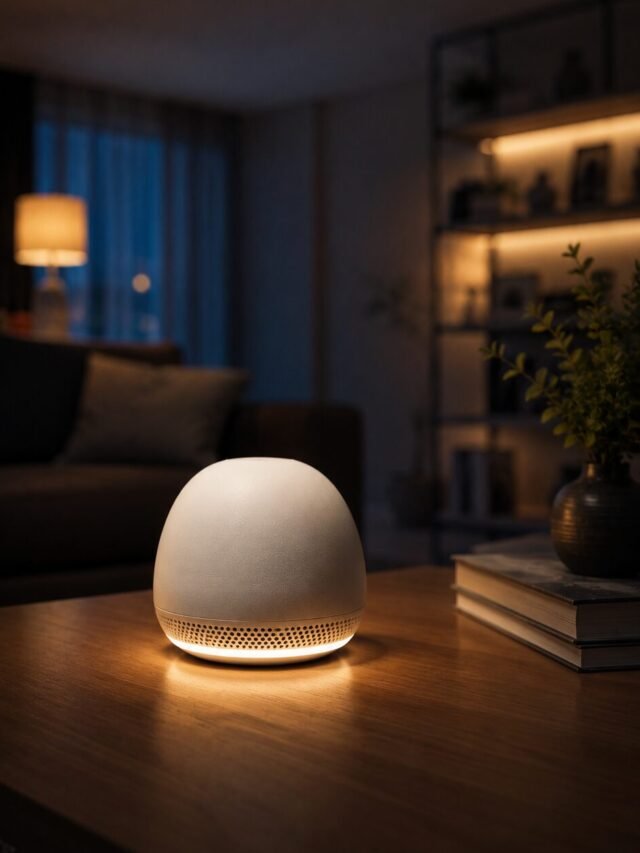 A glowing screenless AI speaker device sitting on a table in a dim, modern living room.