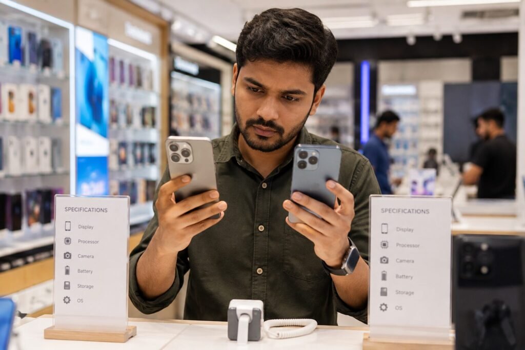 Shopper comparing smartphone specs affected by rising RAM prices