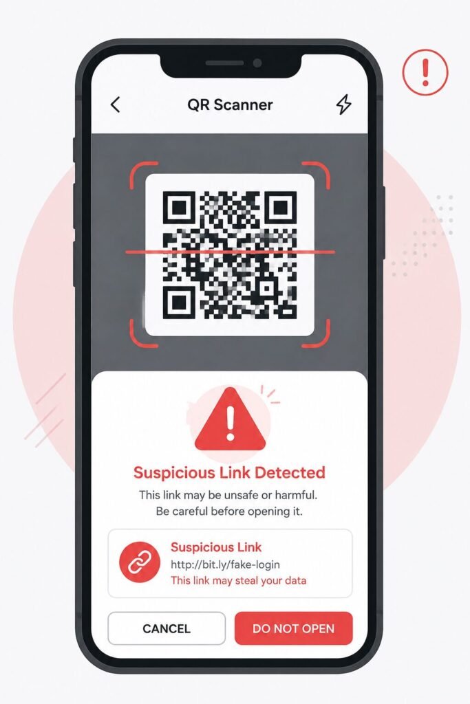 Smartphone displaying a suspicious link warning after scanning a QR code