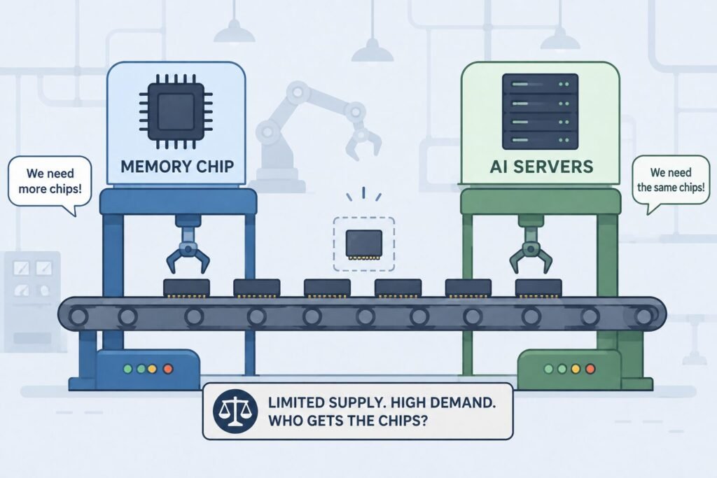 Illustration of AI data centers and smartphones competing for memory chip supply
