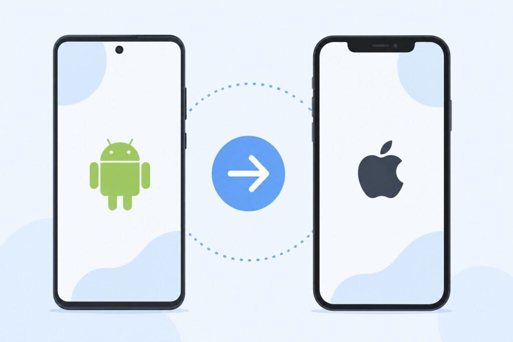 Illustration of WhatsApp chat transfer between Android and iPhone