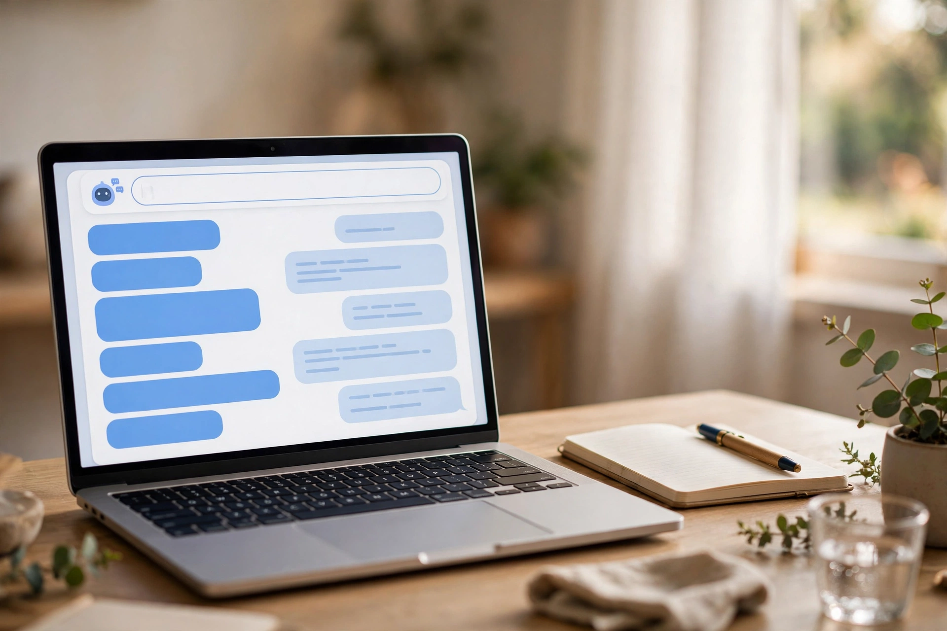 Laptop on a home desk displaying an AI chatbot conversation
