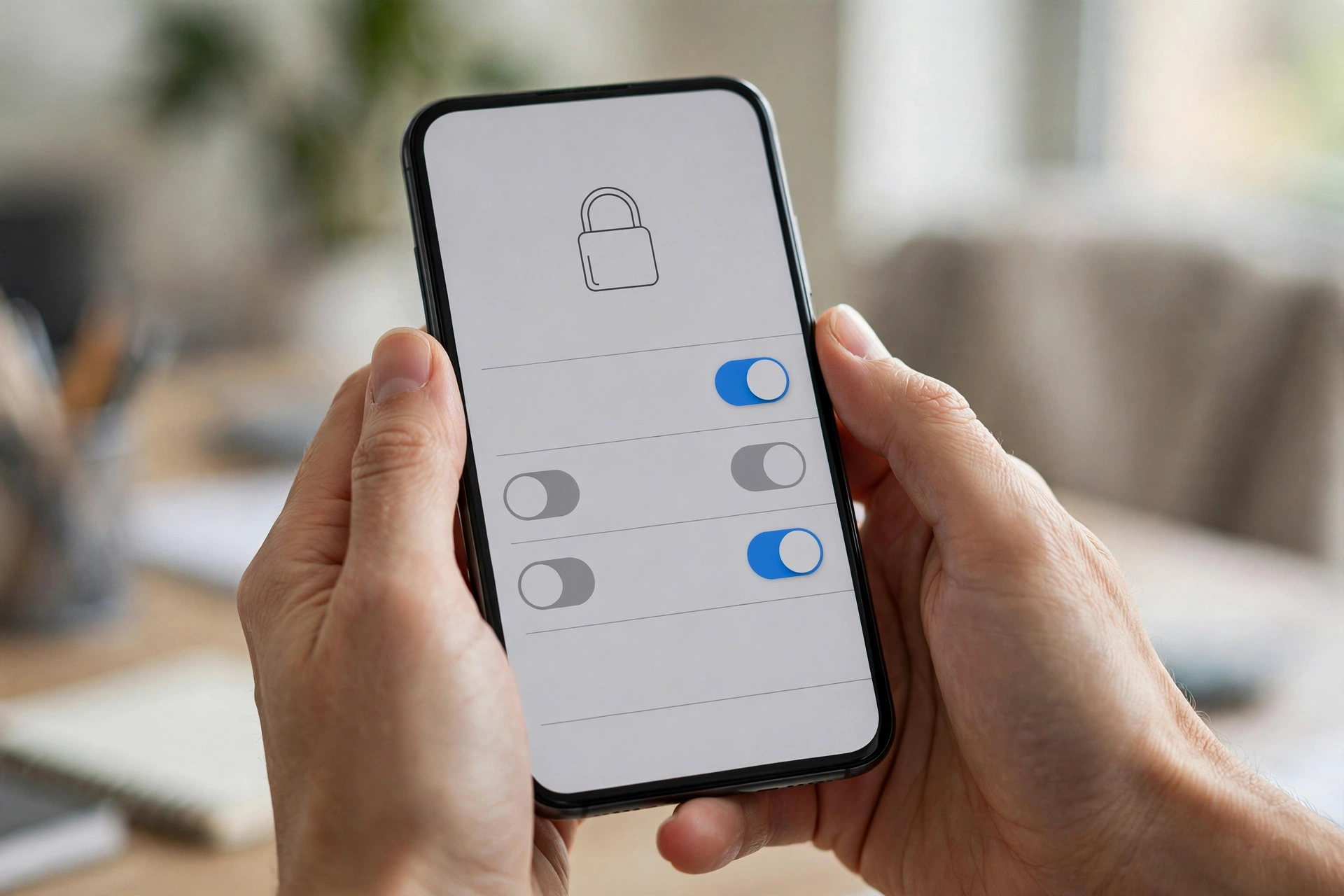 Hands holding a phone showing privacy settings with a padlock icon