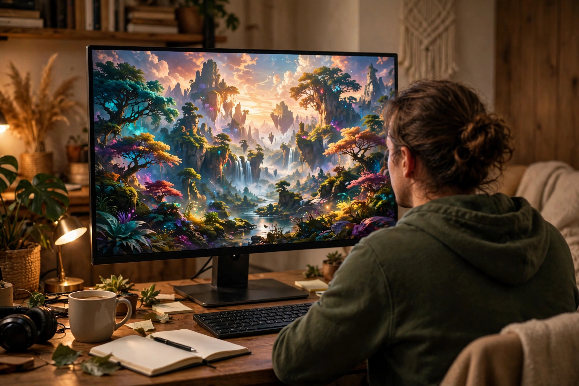 Person admiring a vibrant AI-generated landscape painting displayed on a large monitor