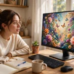 Beginner watching colorful AI-generated artwork appear on a computer monitor at a bright home desk