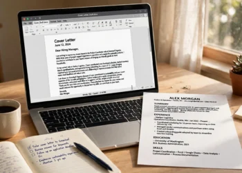 Laptop showing a cover letter draft with a printed CV beside it on a home desk