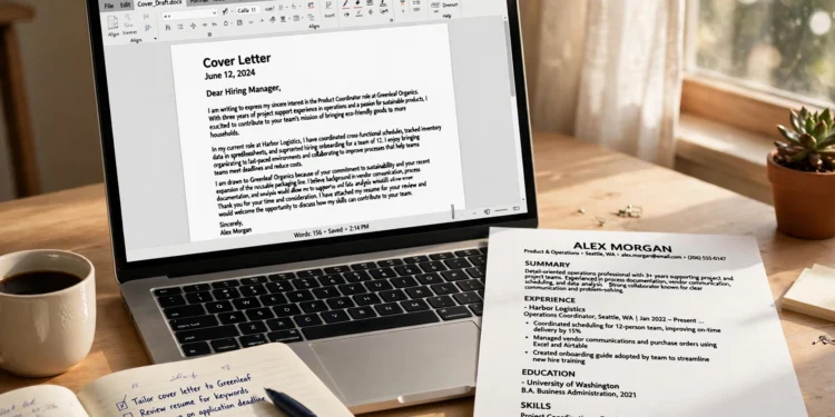 Laptop showing a cover letter draft with a printed CV beside it on a home desk