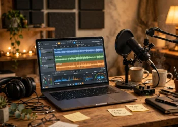 Photorealistic desk with headphones, a microphone and a laptop showing audio editing software with waveform tracks in a cozy home studio