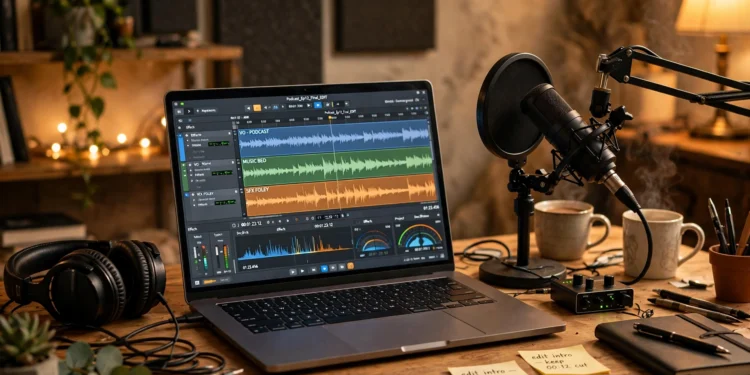 Photorealistic desk with headphones, a microphone and a laptop showing audio editing software with waveform tracks in a cozy home studio