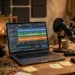 Photorealistic desk with headphones, a microphone and a laptop showing audio editing software with waveform tracks in a cozy home studio