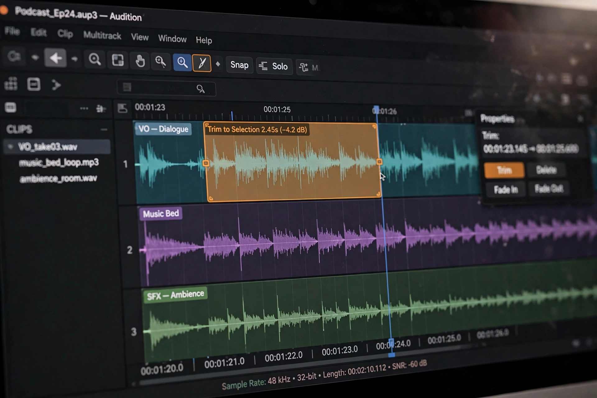 Photorealistic close-up of a computer screen showing audio waveform tracks being trimmed with shallow depth of field