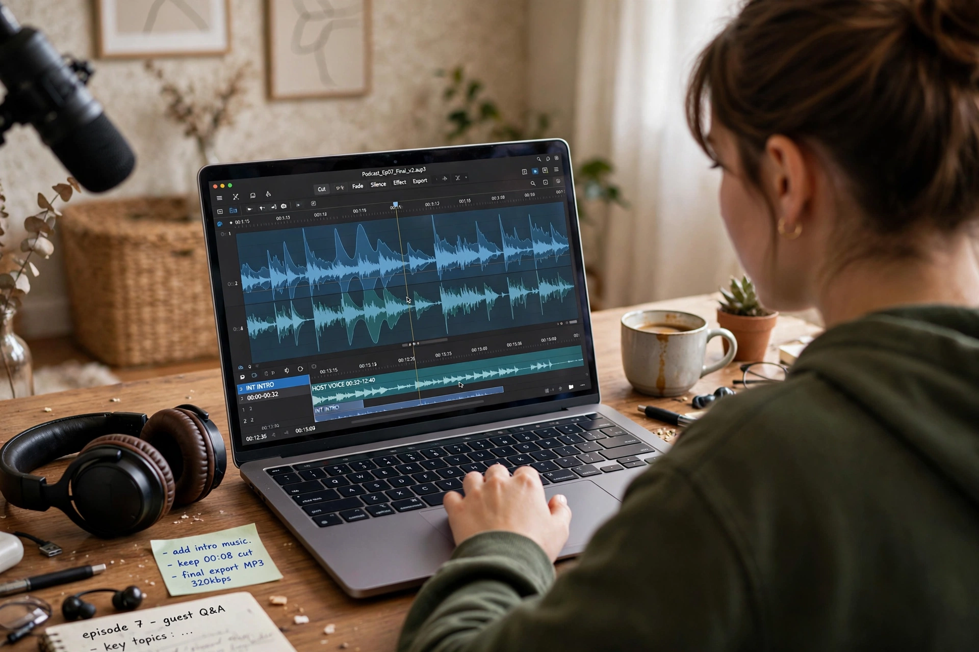 Photorealistic over-shoulder view of a person editing a podcast waveform on a laptop at a home desk