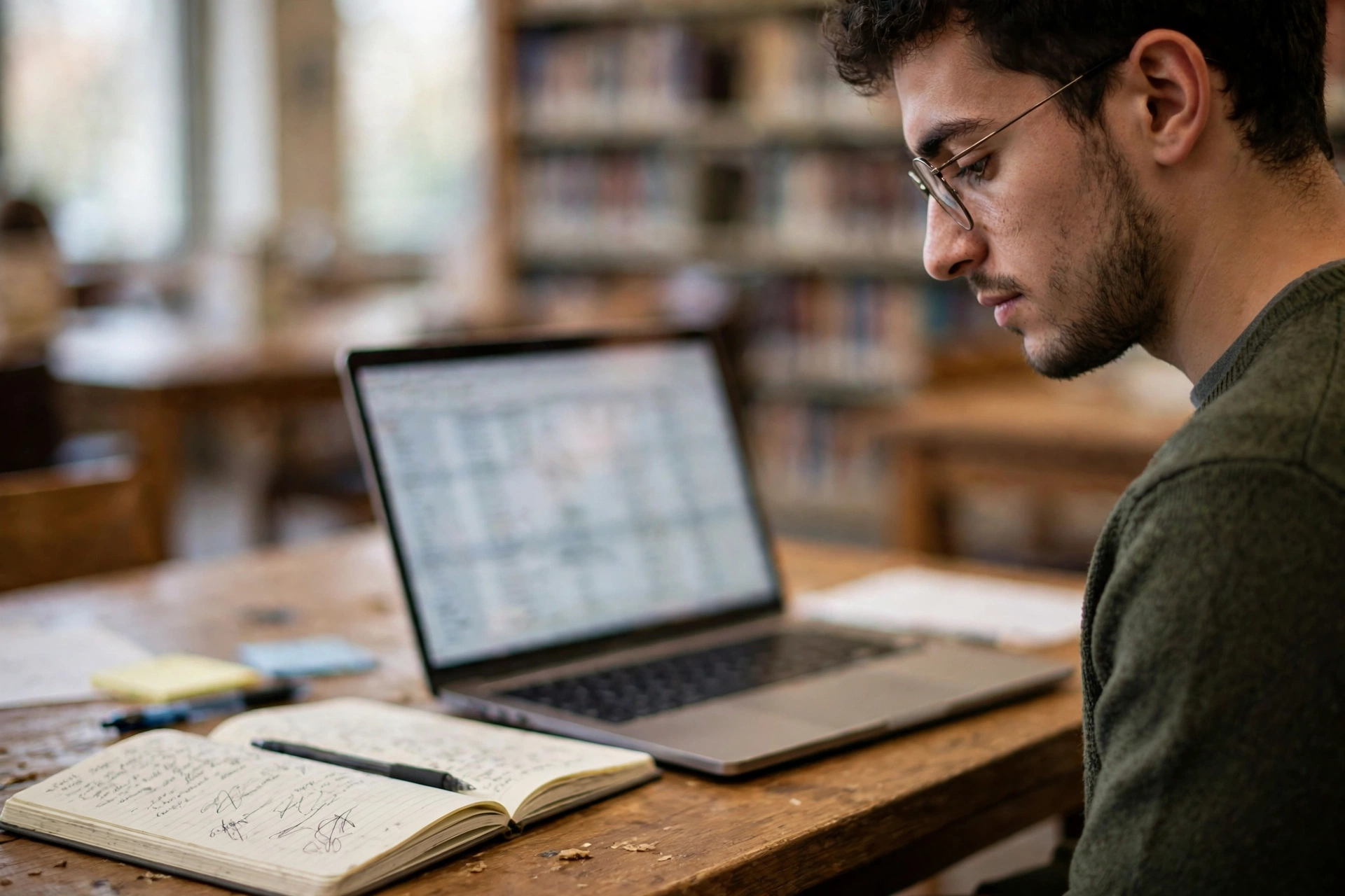 Person studying Google Sheets with a laptop and handwritten notes on a library table