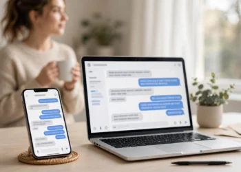 Smartphone and laptop side by side showing AI chatbot conversations on a bright desk