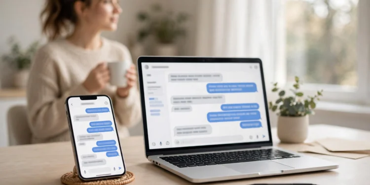 Smartphone and laptop side by side showing AI chatbot conversations on a bright desk