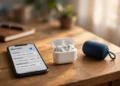 Smartphone showing Bluetooth settings on a wooden desk beside wireless earbuds in an open case and a portable Bluetooth speaker