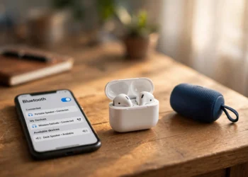 Smartphone showing Bluetooth settings on a wooden desk beside wireless earbuds in an open case and a portable Bluetooth speaker