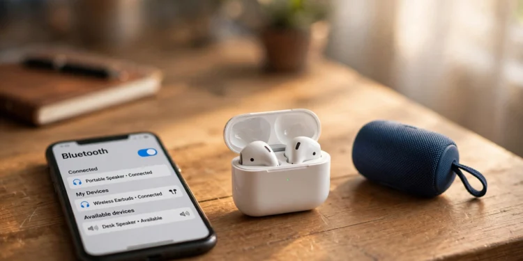 Smartphone showing Bluetooth settings on a wooden desk beside wireless earbuds in an open case and a portable Bluetooth speaker