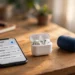 Smartphone showing Bluetooth settings on a wooden desk beside wireless earbuds in an open case and a portable Bluetooth speaker