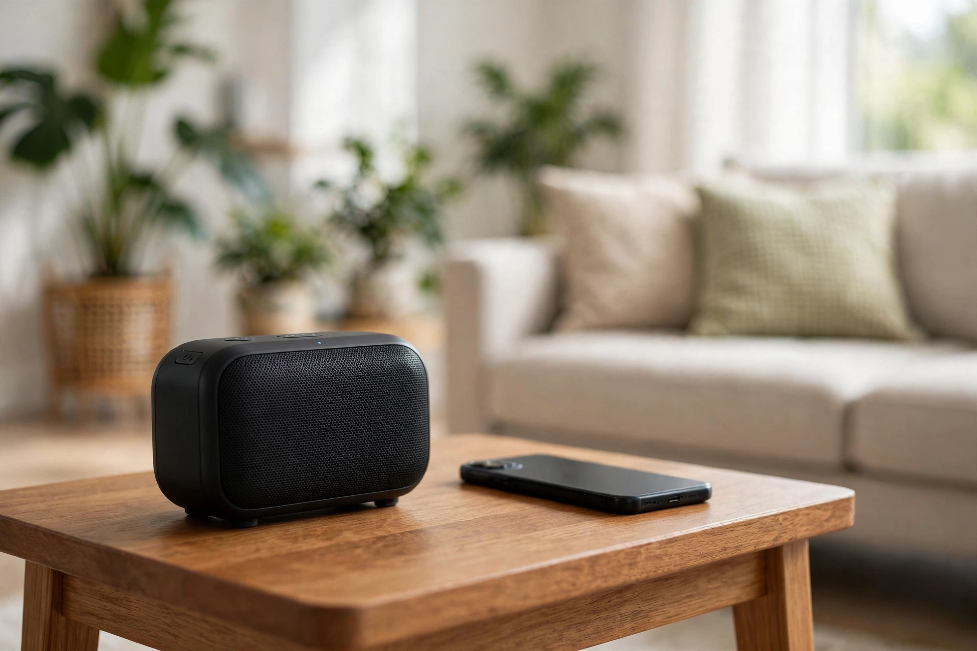 Compact Bluetooth speaker on a wooden side table in a bright living room with a smartphone beside it
