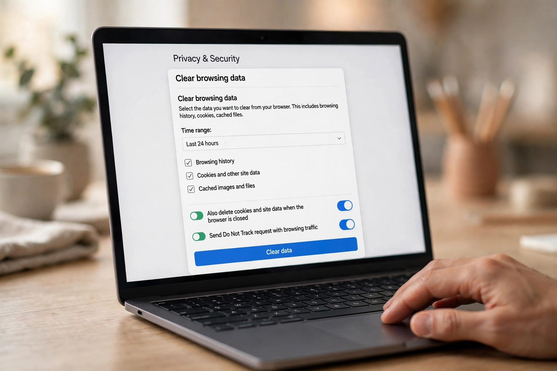 Close-up of a laptop screen showing a browser privacy settings page with clear-browsing-data options