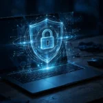 Laptop on a desk with a glowing digital shield and padlock hologram symbolizing password security