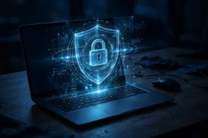 Laptop on a desk with a glowing digital shield and padlock hologram symbolizing password security