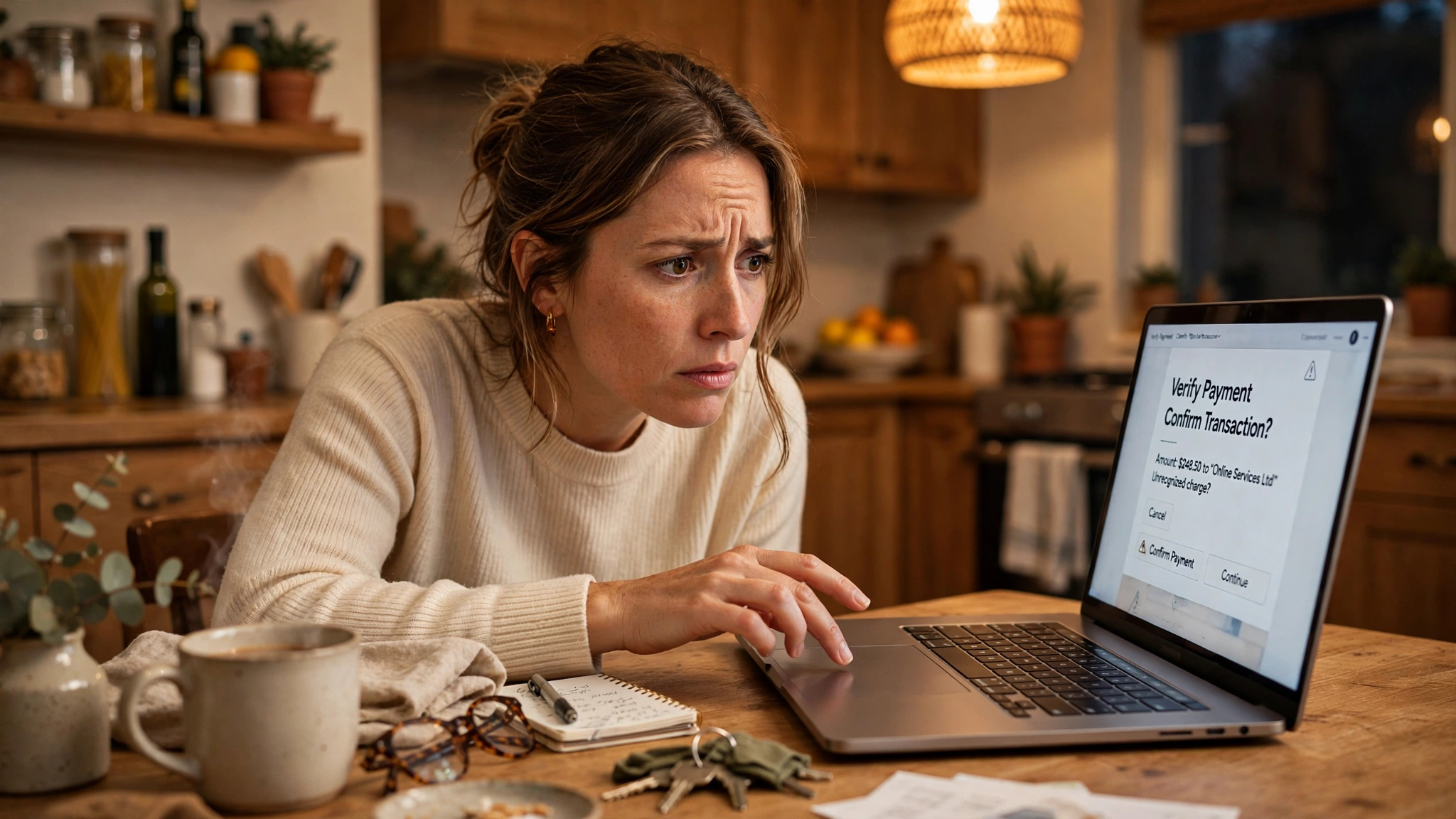 Woman looking cautiously at her laptop screen before clicking, checking a suspicious email