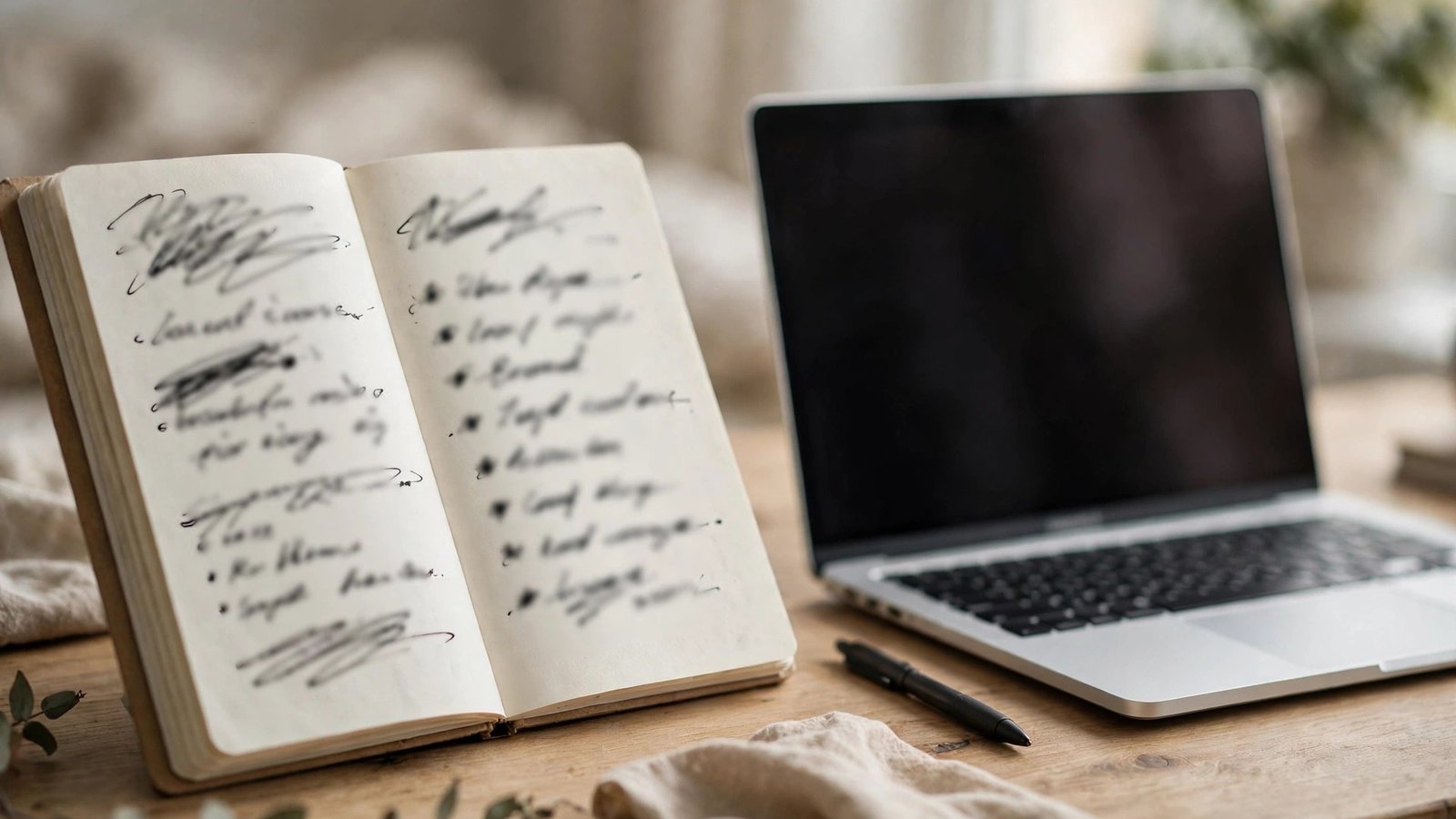 A notebook with a memorable passphrase next to a laptop