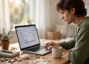 Person clicking through laptop browser settings at a bright desk with a coffee mug nearby