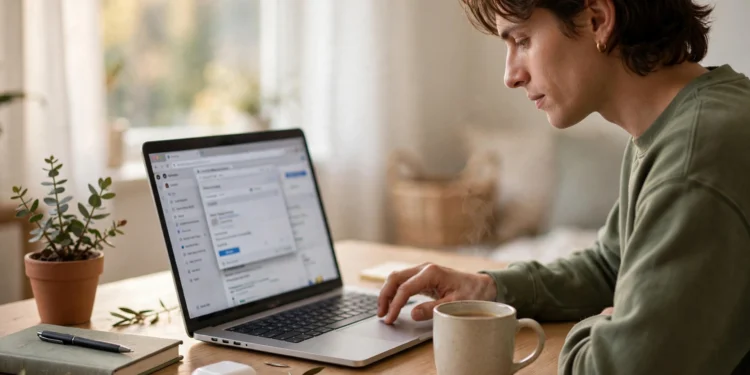 Person clicking through laptop browser settings at a bright desk with a coffee mug nearby