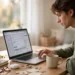 Person clicking through laptop browser settings at a bright desk with a coffee mug nearby