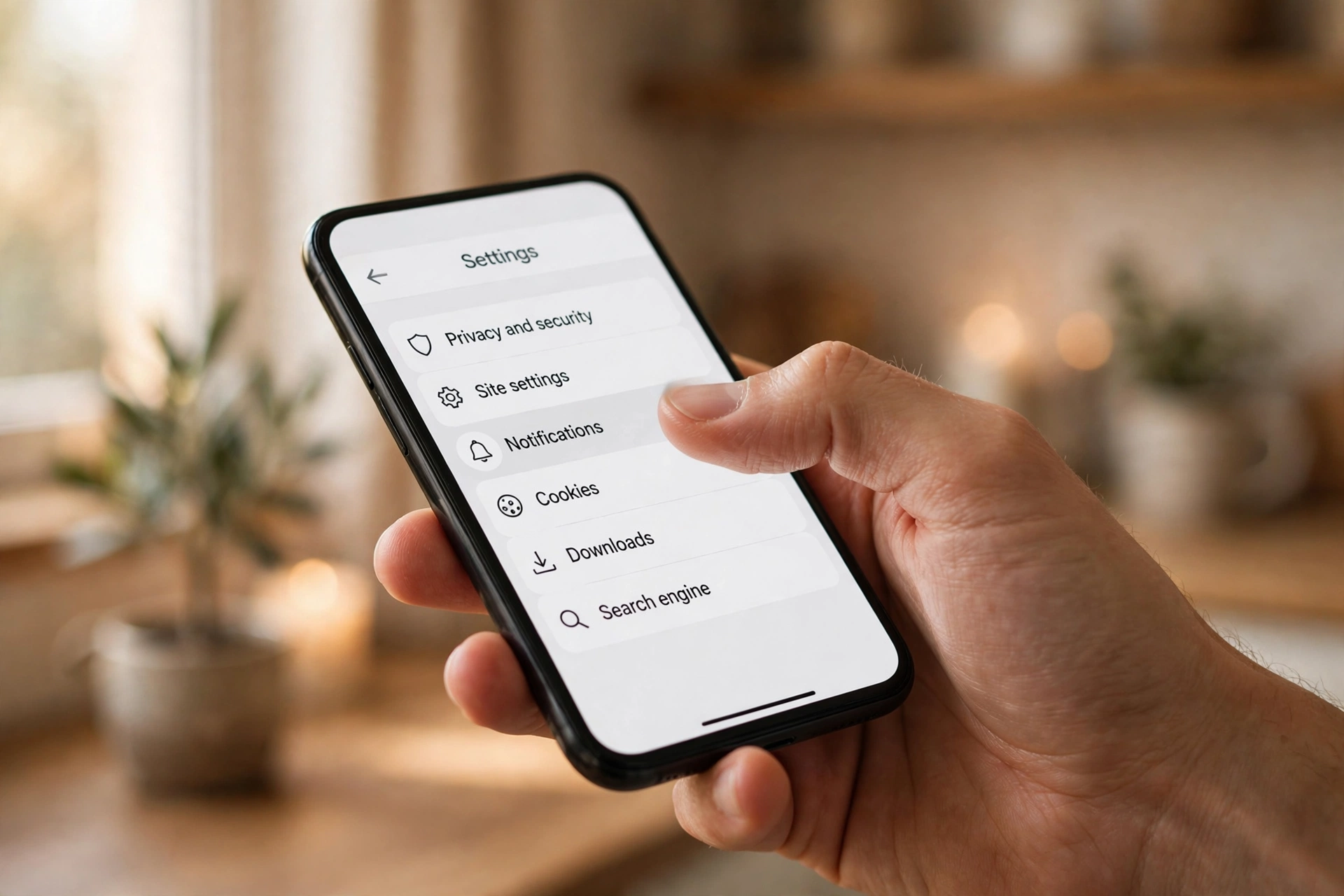 Hand holding a smartphone open on a mobile browser settings page