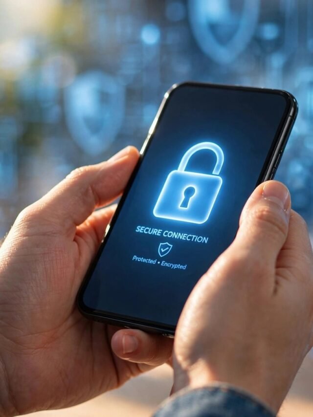 Hands holding a smartphone showing a glowing padlock security icon against a blue digital security background