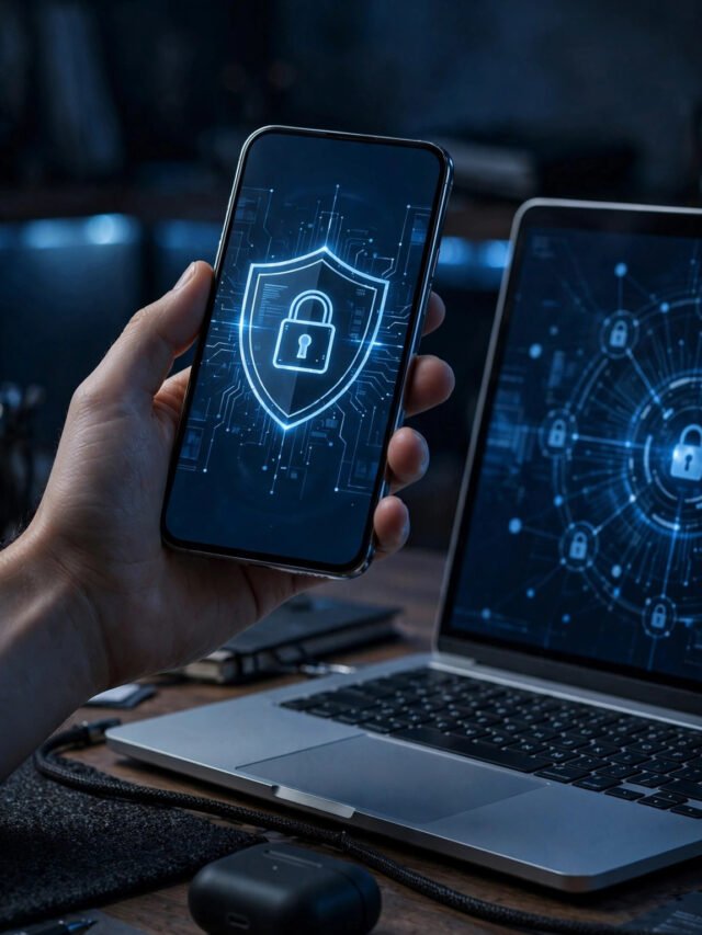 Hand holding a phone with a padlock beside a laptop, password security theme