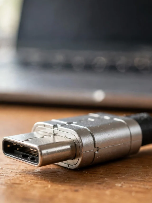 Macro shot of a USB-C cable connector on a wooden desk with a blurred laptop